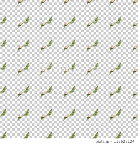 Blooming seamless pattern of leaf sprigs with flowers. Nature art print. Hand drawn background. Creative design. Botanical watercolor illustration 118625124