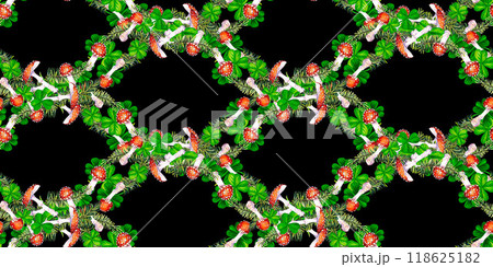 Seamless border with green fir branches, lucky shamrock leaves, fly agaric mushroom. Watercolor illustration for New Year, St. Patrick's Day. Template for invitation, scrapbook, card, sticker 118625182