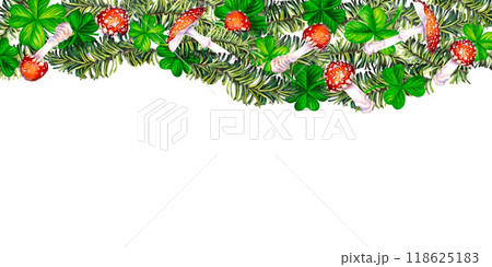 Seamless border with green fir branches, lucky shamrock leaves, fly agaric mushroom. Watercolor illustration for New Year, St. Patrick's Day. Template for invitation, scrapbook, card, sticker 118625183