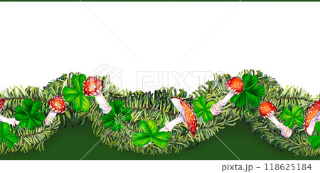Seamless border with green fir branches, lucky shamrock leaves, fly agaric mushroom. Watercolor illustration for New Year, St. Patrick's Day. Template for invitation, scrapbook, card, sticker 118625184
