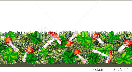 Seamless border with green fir branches, lucky shamrock leaves, fly agaric mushroom. Watercolor illustration for New Year, St. Patrick's Day. Template for invitation, scrapbook, card, sticker Seamless border with green fir branches, lucky shamrock leaves, fly agaric mushroom. Watercolor illustration for New Year, St. Patrick's Day. Template for invitation, scrapbook, card, sticker 118625194