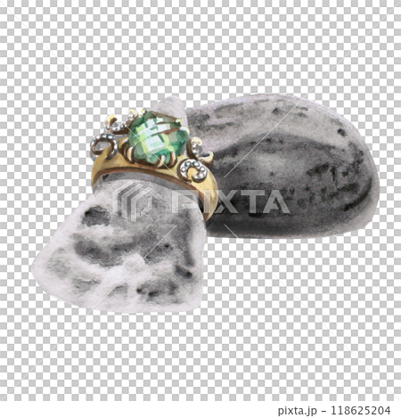 Gold ring with green stone on round sea stones. Isolated watercolor illustration for glossy magazine design, packaging printing, website design Gold ring with green stone on round sea stones. Isolated watercolor illustration for glossy magazine design, packaging printing, website design 118625204