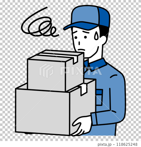 運ぶ荷物が多くて困っている配達員の男性 118625248