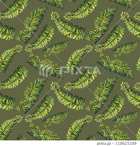 Seamless pattern with green fir branches. Watercolor hand drawn illustration for New Year, Christmas. Template for invitation, scrapbook, card, sticker, ribbons, wallpaper Seamless pattern with green fir branches. Watercolor hand drawn illustration for New Year, Christmas. Template for invitation, scrapbook, card, sticker, ribbons, wallpaper 118625289
