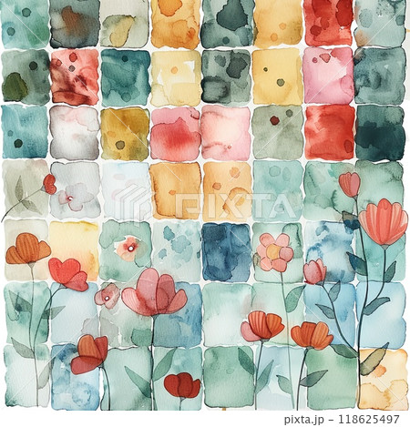 A lively arrangement of watercolor squares features various colors, while delicate flowers bloom at the bottom, showcasing an artistic garden atmosphere. 118625497