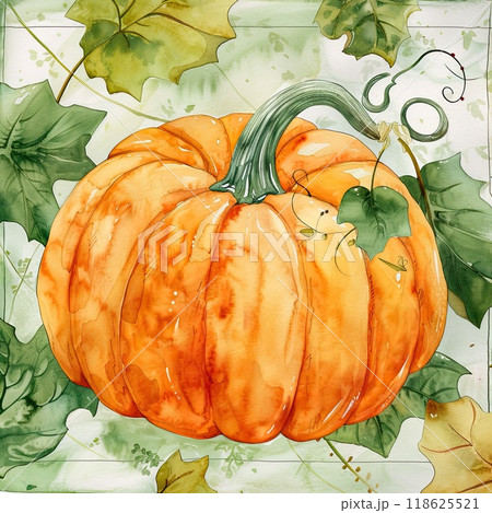 A beautifully rendered watercolor display showcases an orange pumpkin surrounded by lush green vines and delicate leaves, perfect for celebrating the fall season. 118625521