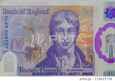 Portrait of Joseph Mallord William Turner on the 20 GBP note. 118625736