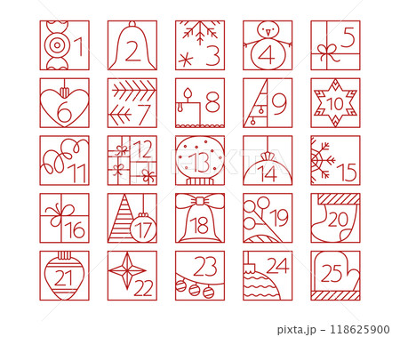 Christmas Advent Calendar elements with cute line illustrations. Simple outline icons grid with cute line snow ball, toy. 118625900