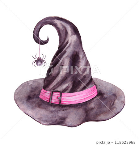 Black hat of witch, sorcerer, magician, spider on web. Gothic vintage attribute of mysticism, magic, astrology. Symbol of Halloween, Sabbath. Watercolor hand drawn cut out and isolated clipart 118625968