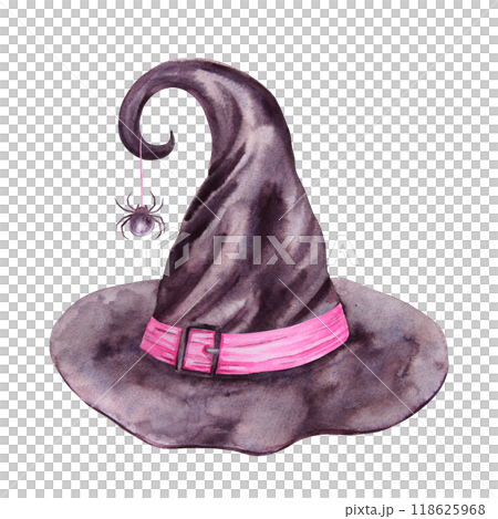 Black hat of witch, sorcerer, magician, spider on web. Gothic vintage attribute of mysticism, magic, astrology. Symbol of Halloween, Sabbath. Watercolor hand drawn cut out and isolated clipart Black hat of witch, sorcerer, magician, spider on web. Gothic vintage attribute of mysticism, magic, astrology. Symbol of Halloween, Sabbath. Watercolor hand drawn cut out and isolated clipart 118625968