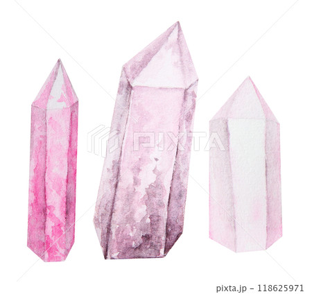 Crystal, stone. Polygonal, faceted mineral. Transparent and shiny pink rock fragment. Rhinestone, rose quartz, amethyst. Watercolor hand drawn cut out isolated clipart. Symbol of wealth and witchcraft Crystal, stone. Polygonal, faceted mineral. Transparent and shiny pink rock fragment. Rhinestone, rose quartz, amethyst. Watercolor hand drawn cut out isolated clipart. Symbol of wealth and witchcraft 118625971