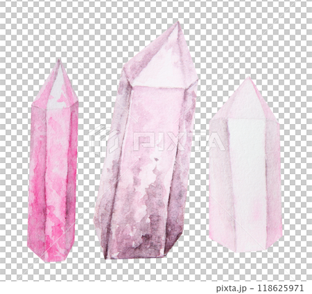 Crystal, stone. Polygonal, faceted mineral. Transparent and shiny pink rock fragment. Rhinestone, rose quartz, amethyst. Watercolor hand drawn cut out isolated clipart. Symbol of wealth and witchcraft 118625971