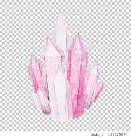 Crystal, stone. Polygonal, faceted mineral. Transparent and shiny pink rock fragment. Rhinestone, rose quartz, amethyst. Watercolor hand drawn cut out isolated clipart. Symbol of wealth and witchcraft 118625973