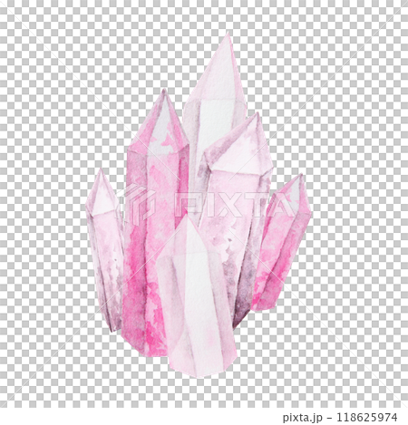 Crystal, stone. Polygonal, faceted mineral. Transparent and shiny pink rock fragment. Rhinestone, rose quartz, amethyst. Watercolor hand drawn cut out isolated clipart. Symbol of wealth and witchcraft Crystal, stone. Polygonal, faceted mineral. Transparent and shiny pink rock fragment. Rhinestone, rose quartz, amethyst. Watercolor hand drawn cut out isolated clipart. Symbol of wealth and witchcraft 118625974