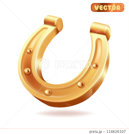 Golden horseshoe closeup. Vector color banner with luck symbol. Amulet for gambling business Golden horseshoe closeup. Vector color banner with luck symbol. Amulet for gambling business 118626107