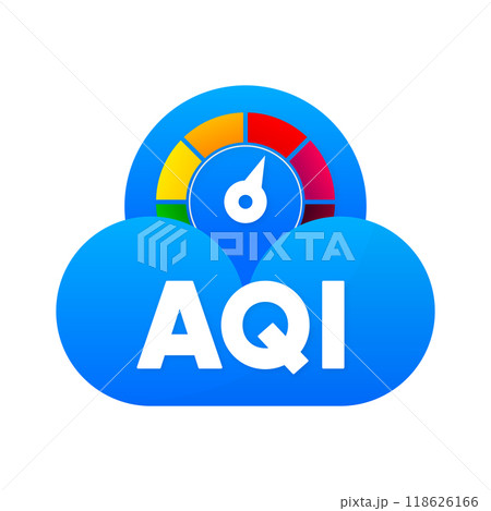 AQI - Air Quality Index scale. Low and High level. Gauge with quality index dial showing. Vector illustration. 118626166