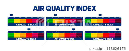 Air Pollution meter. Air Quality Index scale. Low and High level. Gauge with quality index dial showing. Vector illustration. Air Pollution meter. Air Quality Index scale. Low and High level. Gauge with quality index dial showing. Vector illustration. 118626176