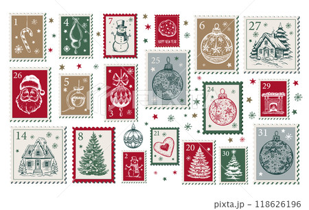 Advent calendar, Christmas Stamps, mail, postcard hand drawn illustrations.	 118626196