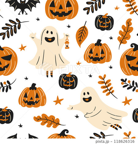 seamless background with cartoon halloween illustrations in autumn composition seamless background with cartoon halloween illustrations in autumn composition 118626316