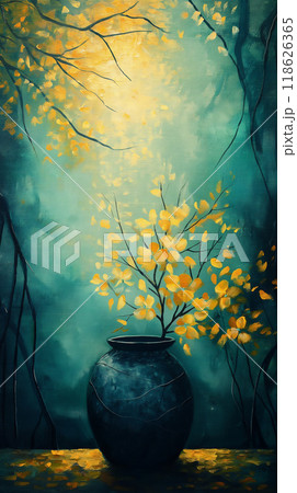 This is a beautiful painting of a vase containing a branch with yellow leaves. Copy space 118626365