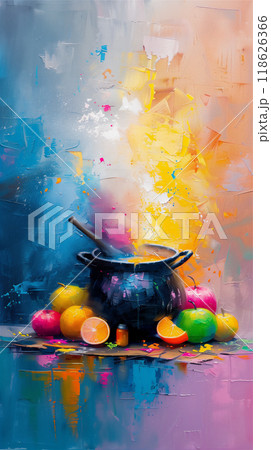 A painting depicting a magic cauldron with various fruits on the table. Copy space 118626366