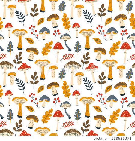autumn seamless pattern with mushrooms, leaves and berries. Vector illustration in doodle style autumn seamless pattern with mushrooms, leaves and berries. Vector illustration in doodle style 118626371