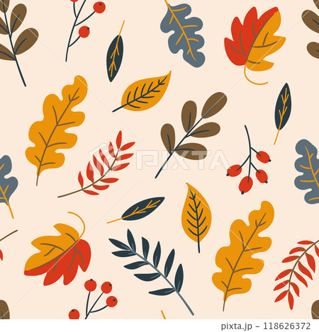 Vector seamless pattern with autumn leaves on a beige background.	 118626372