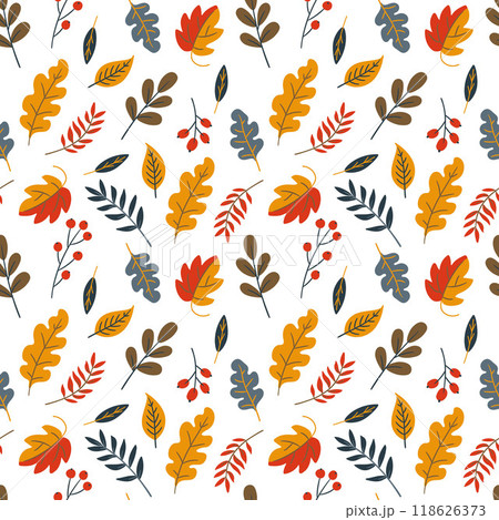 Vector seamless pattern with autumn leaves on white background.	 118626373