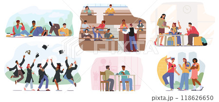 University Students Engaged In Various Activities Including Studying, Attending Lectures, And Celebrating Graduation 118626650