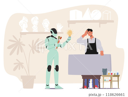 Robot Holds A Lightbulb And Paintbrushes While Standing Next To A Painter In A Studio Setting With Art Supplies 118626661