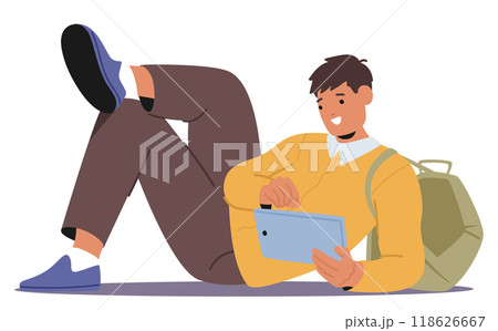 Young University Student Relaxing Outdoors While Using A Tablet. Casual Attire With Backpack, Expressing A Happy Mood 118626667