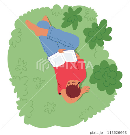 Person Relaxing On Green Grass While Reading A Book From A Top View. Scene Evokes Peacefulness And Leisure 118626668