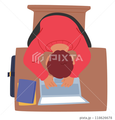 Top View Illustration Of Student Sitting At Desk, Typing On A Laptop. Character Surrounded By Study Materials Top View Illustration Of Student Sitting At Desk, Typing On A Laptop. Character Surrounded By Study Materials 118626678