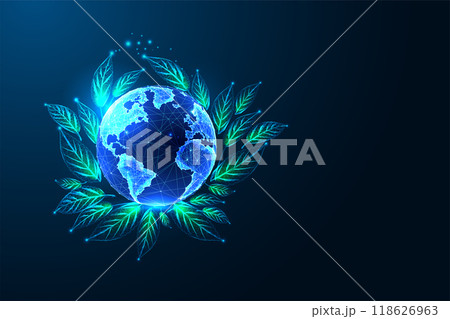 Sustainability, reforestation, climate change awareness concept with green leaves on Earth Sustainability, reforestation, climate change awareness concept with green leaves on Earth 118626963