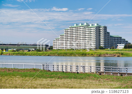 登戸 小田急線ロマンスカー30000形EXEと多摩川橋梁の風景 118627123