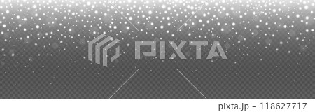 Snowfall. Christmas snow background. Wide winter texture for website or advertisement. White falling snowflakes. Winter holiday banner. Xmas cold decoration. Vector illustration 118627717