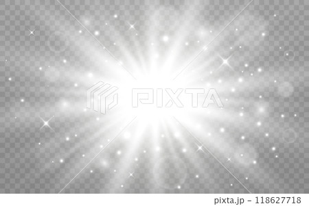 Light glow. White glowing effect. Silver shine with particles and bokeh. Bright star with radial beams. Shining sun concept. White explosion and dust. Vector illustration 118627718