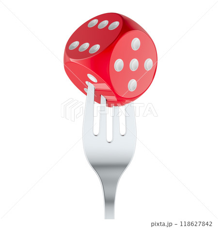 Gambling Addiction, concept. Fork with dice. 3D rendering Gambling Addiction, concept. Fork with dice. 3D rendering 118627842
