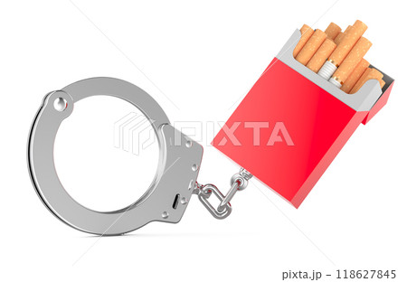 Nicotine dependence, concept. Cigarette pack with handcuffs. 3D rendering 118627845