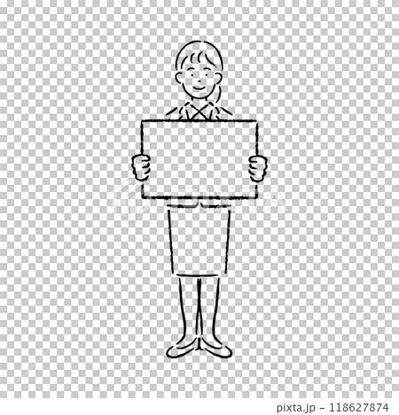 Woman in a suit holding a flip flop_black and white 118627874