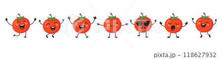 Flat Vector Cartoon Cute and Funny Tomato Character. Dancing, Smiling, Happy, Singing Tomato with Different Faces and Emotions. Tomato Icon, Logo, Vector Illustration in Kawaii Style Flat Vector Cartoon Cute and Funny Tomato Character. Dancing, Smiling, Happy, Singing Tomato with Different Faces and Emotions. Tomato Icon, Logo, Vector Illustration in Kawaii Style 118627932