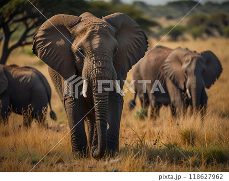 サバンナの草原を歩くアフリカゾウの群れ 118627962