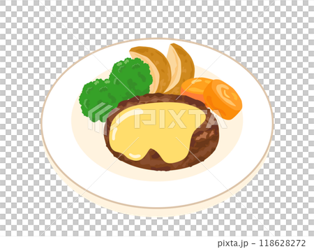 チーズハンバーグと野菜の付け合わせのイラスト 118628272