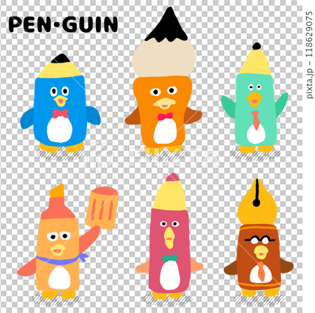 多彩可愛的鋼筆和企鵝組合人物素材 118629075