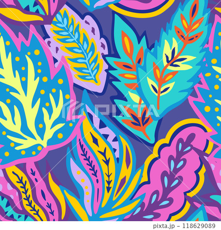 Colorful seamless pattern with chaotic floral and psychedelic abstract elements. Colorful seamless pattern with chaotic floral and psychedelic abstract elements. 118629089