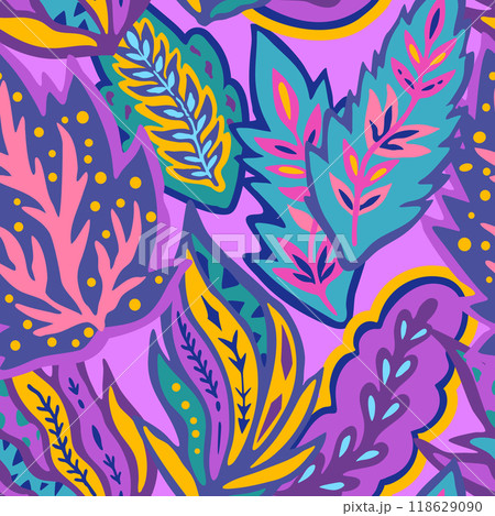 Colorful seamless pattern with chaotic floral and psychedelic abstract elements. Colorful seamless pattern with chaotic floral and psychedelic abstract elements. 118629090
