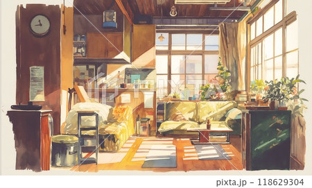 木目と日差しのアトリエリビング：温かみのあるクリエイティブ空間の水彩画風イラスト 118629304