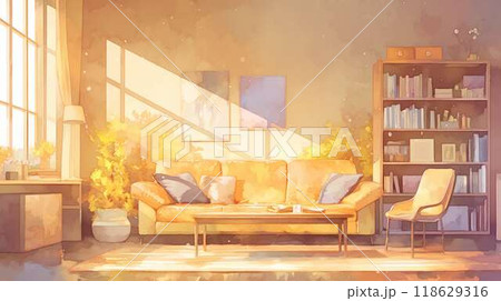金色の光に照らされた朝のリビング:穏やかで温かい家庭の水彩画風イラスト 金色の光に照らされた朝のリビング:穏やかで温かい家庭の水彩画風イラスト 118629316