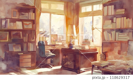 陽光が注ぐ静かな読書室:暖かな午後の瞬間を捉えた水彩画風イラスト 陽光が注ぐ静かな読書室:暖かな午後の瞬間を捉えた水彩画風イラスト 118629317