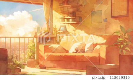 穏やかな朝のバルコニーリビング:都市の景色と共に楽しむ水彩画風の居心地の良い空間 穏やかな朝のバルコニーリビング:都市の景色と共に楽しむ水彩画風の居心地の良い空間 118629319